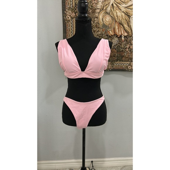 Pink Two Piece Bikini Swimsuit V Neck Sleeveless Beach‎ Pool Party - Picture 1 of 16